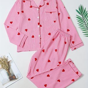 Vrouwen Pyjamaset: Lange Mouw Top + Broek voor Lente, Zomer en Winter met Schattige Roze-Rode Gestreepte Print