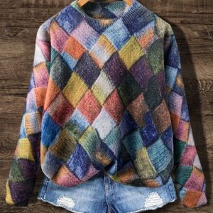 [Print Design - Textuur Effect] [All-] [Non-Effect Print] [Ronde Hals] [Trui] Print Diverse Geometrische Patronen Ronde Hals Lange Mouwen Mode Casual Dames Dikke Trui