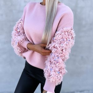 Winter Dames Trui Elegant Zachte Pailletten Patchwork Top Mooi Modieus Comfortabel Casual Vintage Aansluitende