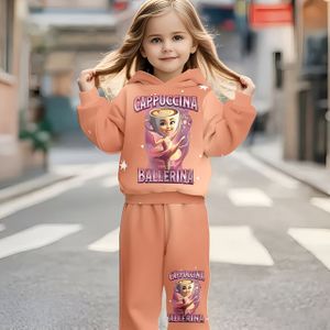 Meisjes Hooded Sweatshirt & Broek Set - Leuke Capuccina & Ballerina Print, Casual Outfit met Lange Mouwen, Regular Fit, Lente/Herfst Casual Kleding, Perfect voor Verjaardagscadeaus, voor Buiten