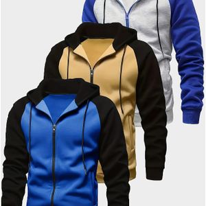 Heren 3-delige set met contrasterende kleur fleece hoodie jassen met trekkoord, rits lange mouwen hooded sweatshirt jassen voor winter en herfst fitness en casual wear.