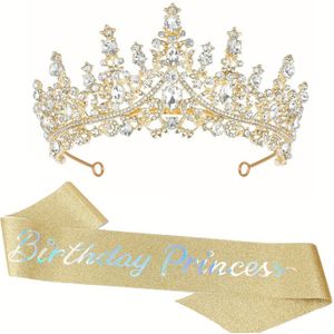 TEMU Glinsterende Kristallen Verjaardagsfeest Kit Tiara Kroon Prinsessen Sjerp voor Vrouwen - Haaraccessoires, Prom Cadeaus en Feestdecoraties