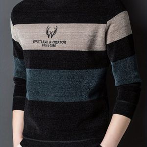 1 stuk Heren Casual Gestreepte Trui met Ronde Hals - Dikke Warme Gebreide Pullover voor met Geribbelde Details, Polyester Stof, Lange Mouwen, Pasvorm