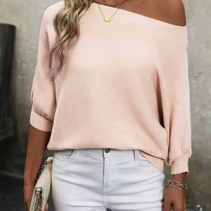 Off-Shoulder Batwing Trui voor Dames - Zachte Stretchbare Losse Pasvorm met Mouwen, Resort Stijl Top, Ribgetextureerde Lente/Herfst Kleding