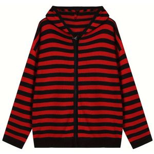 Grunge Gestreept Verlaagd Schoudervest Met Capuchon, Y2K-vest Met Lange Mouwen En Rits Voor Lente En Herfst, Dameskleding