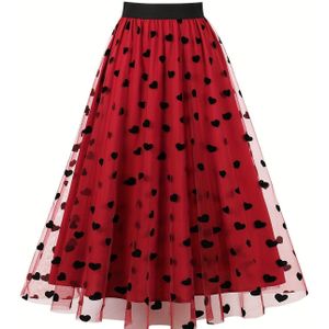 Elegante Polyester Tulle Midi-Rok voor Vrouwen, Hartpatroon, A-Lijn, Geborduurde Uitbranddetails, Reguliere Lengte, Alle Seizoenen, Wijdere