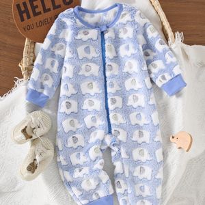 Herfst en Winter Nieuwe Schattige Olifant Flanellen Bodysuit voor Kinderen - Blauw en Wit Warme Romper met Gladde Rits, Zacht Materiaal voor Gezellige Bescherming en , Perfect voor Buiten