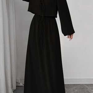 Elegante Beige Cardigan Collar Blouse met Bellenmouwen & Hoge Taille Trekkoordrok - Losse Pasvorm, Stijlvolle Outfit, Casual Kleding|Elegante Mouwontwerp|Trekkoord Detail, Bellenmouw Top