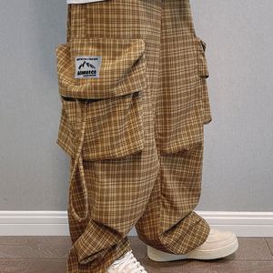 Heren Oversized Cargo Broek met Zak & Khaki Ruitprint - Elastische Trekkoord Taille, Losse Pasvorm Geschikt voor Camping, Buitenactiviteiten - Wasmachinebestendige Casual Broek