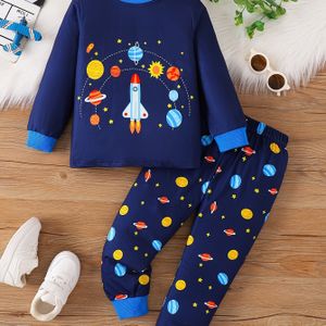 Jongens' Herfst- en Winter Casual Comfortabele Ronde Hals Ruimteschip Planeet Lange Broek Pyjama Set, Thuisoutfit