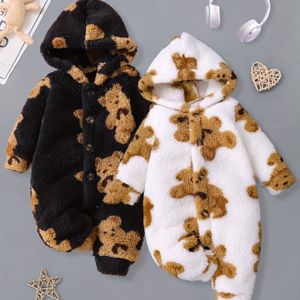 2 stuks Baby Beer Pluche Capuchon Lange Mouwen Romper, Schattige Casual Winter Outfit, Perfect voor Buiten