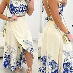 Europese en Amerikaanse Mode Dames Nieuwe Zomer Inkt Halternek Top en Rok Tweedelige Outfit