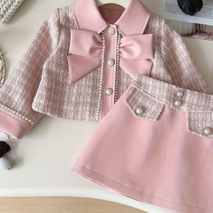 Meisjes Lente/Herfst Elegante en Stijlvolle Roze Jas en Rok Tweedelige Set