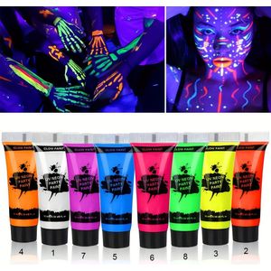 8 Kleuren Gezicht En Lichaamsschilderijen Set - Wasbaar Neon Fluorescerend Lichaamsschilderijen Make-up, Glow In The Dark Feestaccessoires Zwarte Lichtreactieve Verf