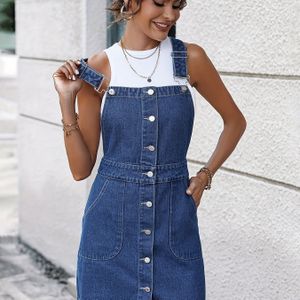 Dames Slim-Fit Denim Overall Jurk, Elegante Stijl Met Knoopsluiting En Zakdetail, Casual Enkelrijige Jeans Schort