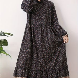 1pc Dames Katoenen Bloemenjurk - Japanse Stijl, Lange Mouw, Contrasterende Kraag, Losse Pasvorm, Knoopsluiting, Geweven A-lijn Pendulum Jurk voor Lente/Herfst