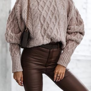 Elegante pullover voor dames - lange mouw, ronde hals, lantaarnmouwen, geribde textuur, kleur, losse pasvorm voor herfst/winter, herfst-winterkleding | Rond halsmerk | Constructie, truijurk