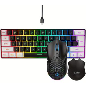 HXSJ 60% Compact RGB Gaming Toetsenbord & Muis Combo - 61-Toetsen Mini Bedraad PC/Laptop/PS4// /Switch, 7200 DPI Muis met Verwisselbare Cover, Wit & Zwart RGB Setup voor PC