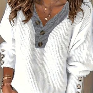 Vrouwen Elegante V-hals Trui met Knopen - Zachte Medium Stretch Losse Pasvorm Lange Mouw Pullover voor Herfst Winter, Comfortabel Casual & Formele Kleding