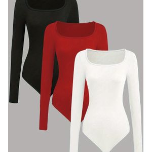 3 Stuks Square Neck Slim-Fit Jumpsuit, Dames Casual Sport Langarm Eendelig Jumpsuit