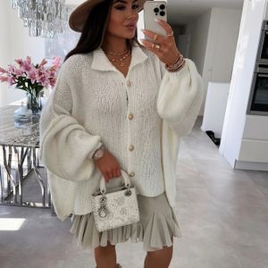 Vrouwen's Elegante Britse Retro Knoopsluiting Cardigan - Witte Vleermuismouw Ronde Hals Lange Mouw Veelzijdige Buitenjas