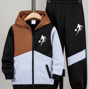2- Jongensbasketbalspeler Print Hoodie & Jogger Set - Gezellige Fleece-voering, Kleurblok Rits met Zakken + Bijpassende Broek, Casual Herfst/Winter Jeugdoutfit, Perfect voor Buiten