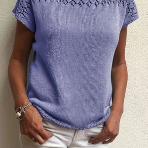 Vrouwen Casual Lace-Up Korte Mouw Blouse - Relaxed Fit Ronde Hals, Ademend Kleur Top voor Lente/Herfst, Handwas of Stomerij, Openwork Details, Fijn Vakmanschap, Casual Outfit