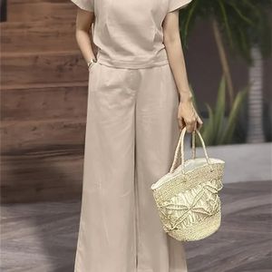 Elegante dames set met kleur, korte mouwen en wijde pijpen - Perfecte bijpassende outfit met zakken, ronde hals, standaard lente/zomer stijl