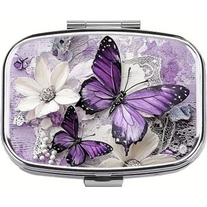 Een Paarse Vlinder Pillendoos met 2 Vakken, een Draagbare Organizer voor Pillen, Zakformaat - Perfect voor Zowel Vrouwen als Mannen, een Ideaal Geschenk voor Reizigers en Vlinderliefhebbers