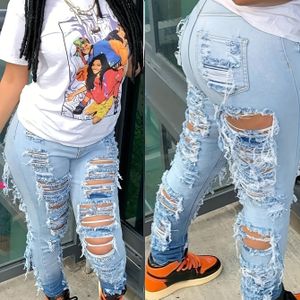 Europa, Amerika en -Amerika Nieuwe Persoonlijkheid Trend Gat Casual Broek Slim Hoge Elastische Maat Jeans Kleine Voet Broek Vrouwen Voet Mond Gradiënt Kleur Vet Broek