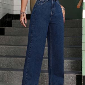Vrouwen Elegante Hoge Taille Wijde Pijpen Jeans - Diepblauw, Stretch Denim, Knoopdetail, voor Alle Seizoenen, Casual Chique Stijl, Hoge Taille Jeans
