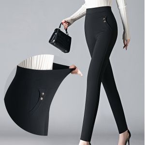 Hoge taille stretchy polka dot broek voor dames - Asymmetrische zoom, wit en zwart print, comfortabele casual broek voor alle seizoenen met knoopdetail, hoge taille leggings