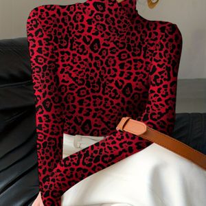 Luipaard Print Hoge Hals T-shirt, Elegante Lange Mouw Slim Fit Top Voor Lente & Herfst, Dameskleding