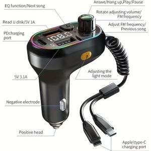 Auto Draadloze 5.0 FM Zender Draadloze Audio Ontvanger Auto MP3 Speler 25W PD Snel Opladen met Apple Type-C Poort Oplaadkabel, Zonder Batterij