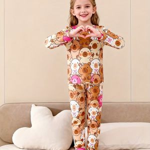 Meisjes 2-delige Pyjama Set met Berenprint | Ronde Hals Lange Mouw Top en Slim Fit Broek, Medium Stretch Stof, Geschikt voor Lente/Herfst.