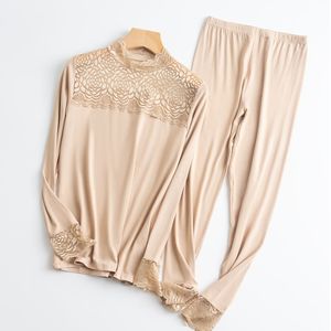 Set thermische ondergoed voor herfst/winter dames, lange mouw, kant, hoge kraag, top en broek, zacht en comfortabel warm, rayonmix, hoge ondersteuning, pulloverstijl