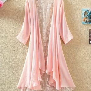 1pc, Women's Cardigan, Mid-length Lace Stitching, Long Sleeves V Neck Up Shirt, Beach Vacation