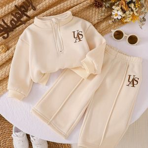 Meisjes Lange Mouwen Pluche Letter Geborduurde Hoodie en Broek Set, Half Rits met Opstaande Kraag voor 0-3 Jaar Oud Peuters Meisje in Herfst/Winter & Casual , Perfect Voor Outdoor