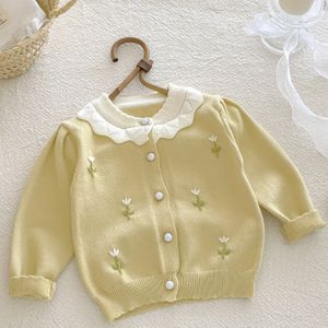 Winter Cardigan Trui - Lange Mouwen met Kraag, Bloemenprint van Madeliefjes & Knopen, Zacht, Warm en Knus, Wasmachinebestendig (Mosterdgeel/Groen)