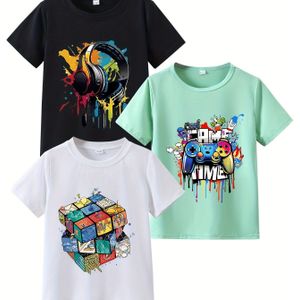 3pcs Boys' Summer Short Sleeve T-shirts - Vibrant Graffiti, Headphone & Game Controller Prints, Casual Crew Neck, Stretch Fabric - Outfits, Outfit Sets|vibrant Graphic Tee| Stretch Fabric