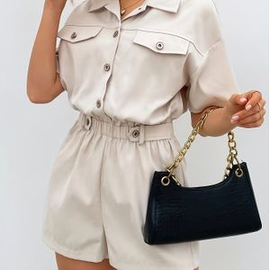 Vrouwen Casual Losvallende Korte Mouw Jumpsuit - Kleur met Knopen aan de Voorkant en Borstzakken, Machinewasbaar Niet-Rekbaar Stof voor Alle Seizoenen, Zomeroutfit, Gestructureerde Stof
