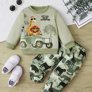 Europese en Amerikaanse babyjongens herfst- en winterhoodie met dierenprint + camouflagebroek tweedelige set [gericht ontwerp], ideaal voor buiten