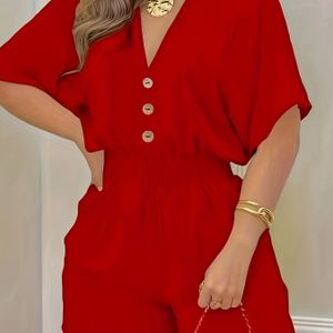 Vrouwen Rode V-Hals Jumpsuit met Korte Broek, Opgerolde Mouwen & Elastische Tailleband - Losse Pasvorm Casual Zomeroutfit voor Lente/Zomer, Alleen Handwas, Lichtgewicht Kleding, Gestukt Ontwerp