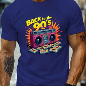 Back To The 90s Graphic Print Men's Short Sleeve T-shirt, Lightweight Polyester Crew Neck Tee With Retro Boombox Design, Casual Summer Top For Adults, Vintage Tshirt