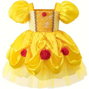 Toddler Meisjes Prinsessenjurk | Stof met Opgeblazen Korte Mouwen, Vierkante Halslijn, Gouden Pailletten Versiering, Rode Roos Decoraties, Tule Lagen 8530#