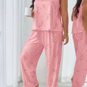 Plus Size Cartoon Zoete Bloemen Camisole en Broek Pyjama Set voor Vrouwen