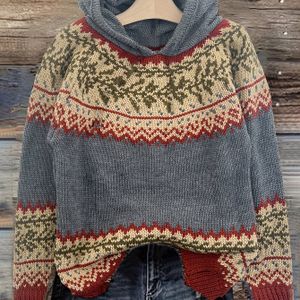 Elegante Trui met Capuchon | Zachte Chunky, Kleurblok, Ditsy Bloemenpatroon, Casual Stijl, Dames Winter Pullover, Merk