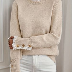 Vrouwen Elegante Beige Trui - Lange Mouw Ronde Hals Sweater voor Herfst/Winter, Niet-Doorschijnende Formele & Alledaagse Outfits - Makkelijk te Onderhouden Trui, Schattige Sweater