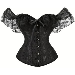 Vintage kant Off-Shoulder Corset met gerimpelde detail - Vrouwen Hoge Ondersteuning Bustier in zwart, Lace-Up Rug, Elastane-Vul voor en Ondersteuning