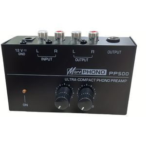 Ultra-compacte phono-versterker, PP500 phono-plaatversterker, RCA-uitvoer en laagruisoperatie aangedreven door 12-volt -adapter, geen bijbehorende stekker.